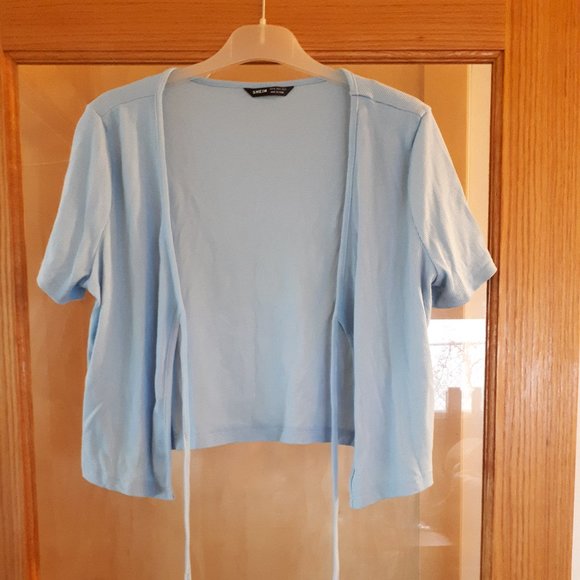 Shein Short Sleeve Tie Front Ribbed Cropped Cardigan - Blue - XL - Picture 2 of 5